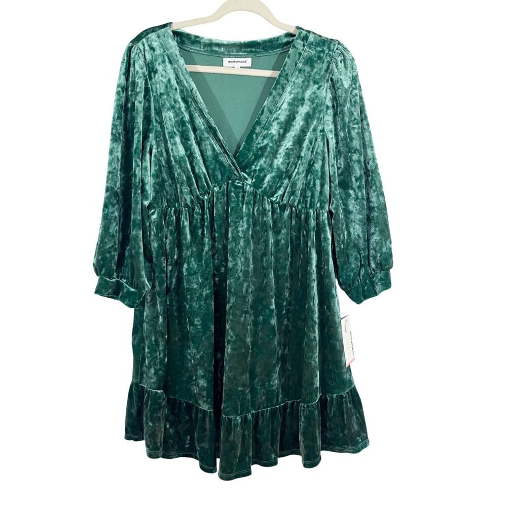 NEW Motherhood Green Crushed Velvet Long Sleeve Tiered Dress - Size Large‎